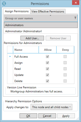 Permissions window